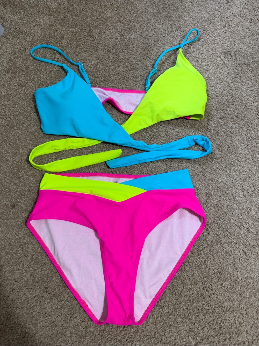 Neon Colorblock Wrap Bikini - Pink, Aqua & Lime